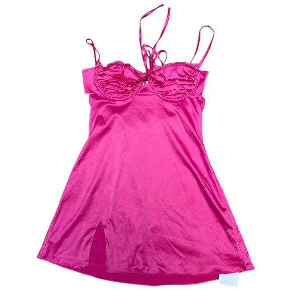 Hot Pink Satin Lace Slip Mini Dress NWT Size Small Ruched Spaghetti Strap Party - Picture 6 of 16